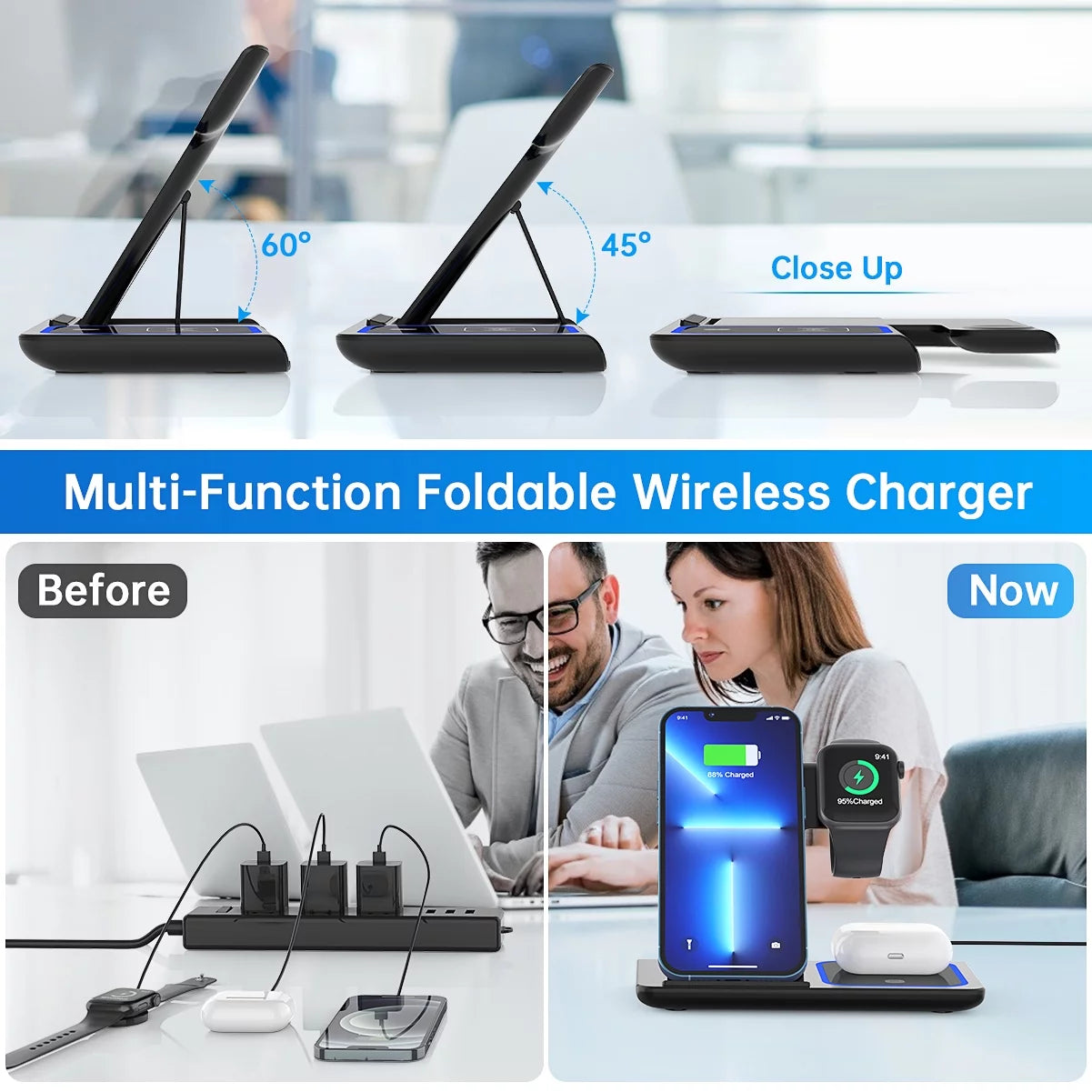 3 in 1 Wireless Charger, 18W Fast Charging Station for Iphone 15/14/13/12 /11/Pro Max/12 Pro /Xr,Wireless Charging Stand for Iwatch Series SE 9/8/7/6/5/4/3, Airpods Pro/3/2 (With QC3.0 Adapter)