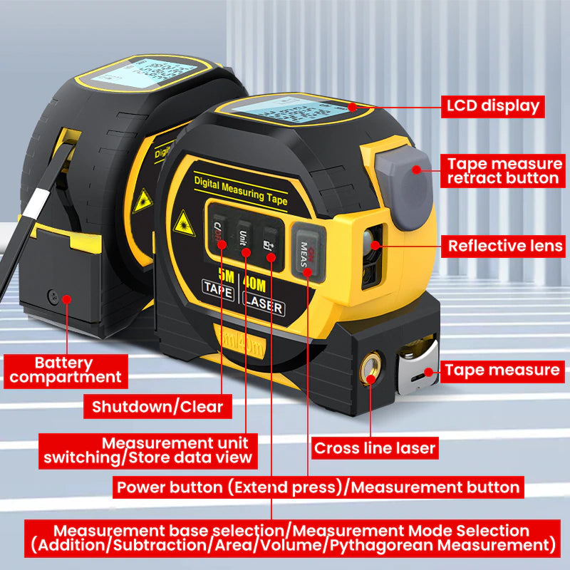 1Pc Laser Tape Measure 3 in 1 Digital Tape Measure High Precision Laser Rangefinder Steel Tape Measure